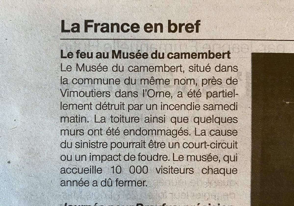AgnesCPoirier's tweet image. #Local news trivia
In which you learn that The #Camembert Museum in #Normandy has had to close after a fire damaged the roof.