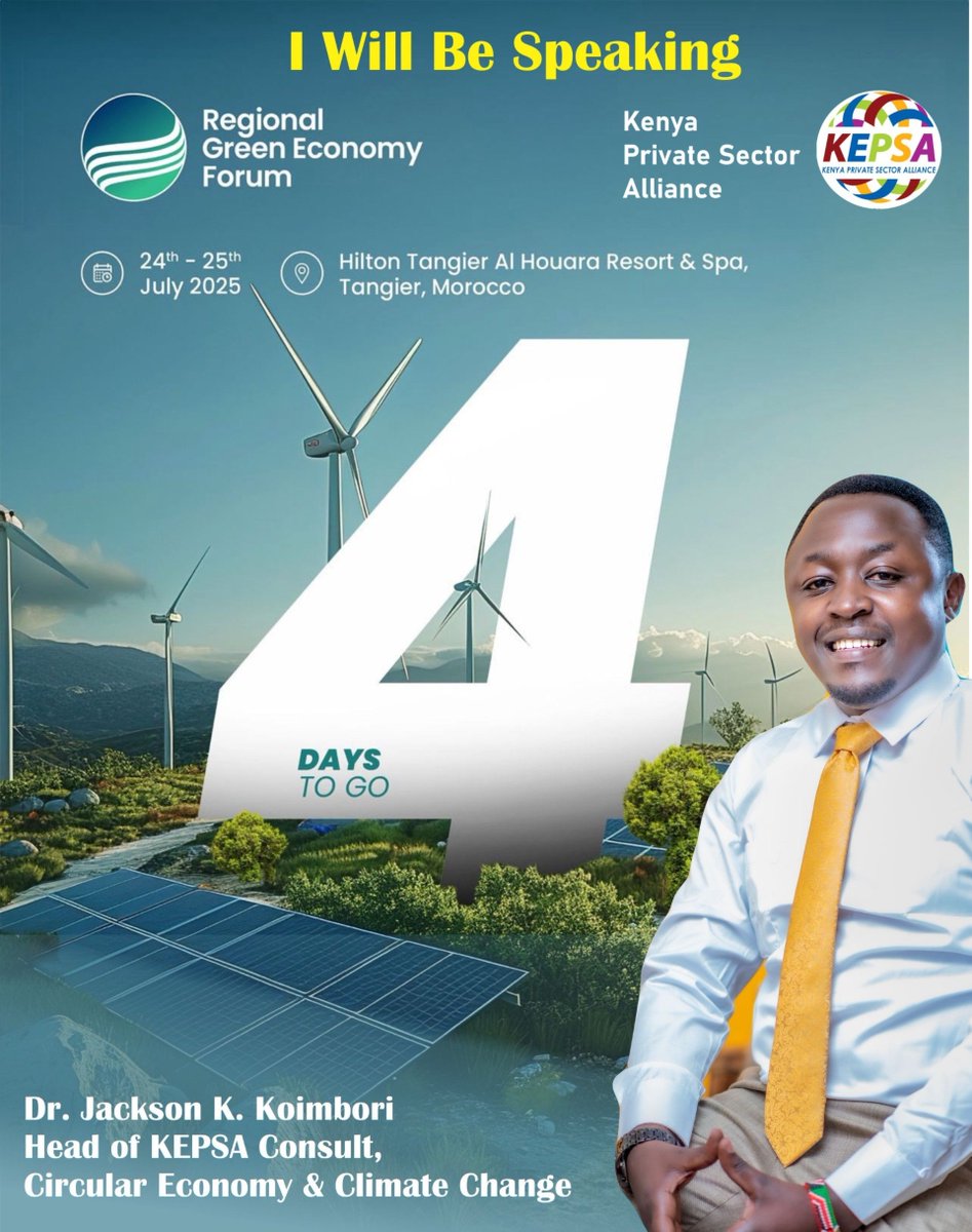 🌍 Honoured to represent <a href="/KEPSA_KENYA/">KEPSA KENYA</a> AT <a href="/RGEForum/">Regional Green Economy Forum</a>  2025 in Morocco

🎤  I will be speaking in:
🔹 High-Level Roundtable Discussion
🔹 Session 16: Green Partnerships
🔹 Presentation: Role of the Private Sector in Integrating Sustainable Financing &amp; Investment in Kenya &amp; Africa.