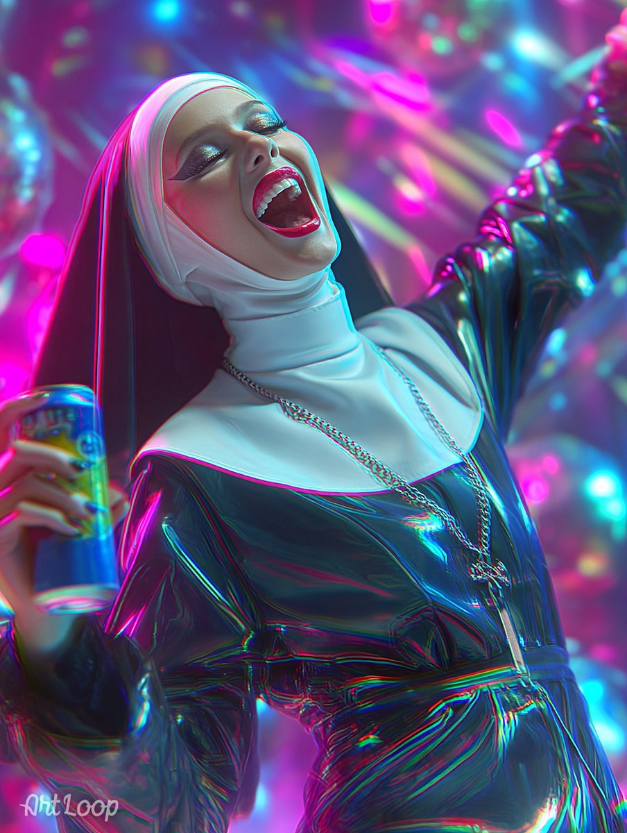 artloop_ai's tweet image. Fueled by faith and energy drinks, the nun who never misses a party.