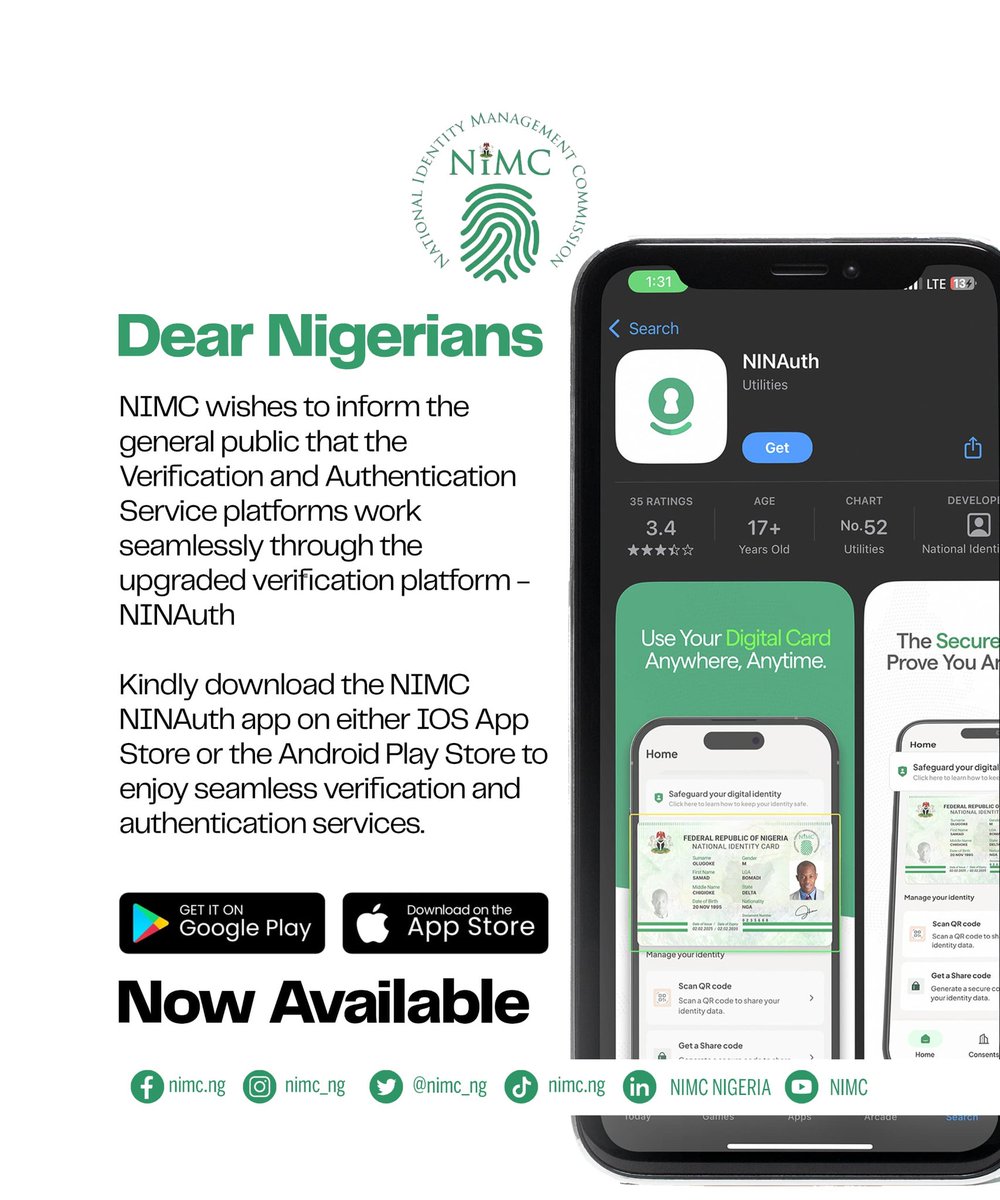 You are in control of your Data!

NIMC NINAuth Verification and authentication services are working optimally, seamlessly and have given you the power to control personal data sharing.

It's secure, convenient and easy to use. 

Kindly download the NIMC NINAuth app on either iOS