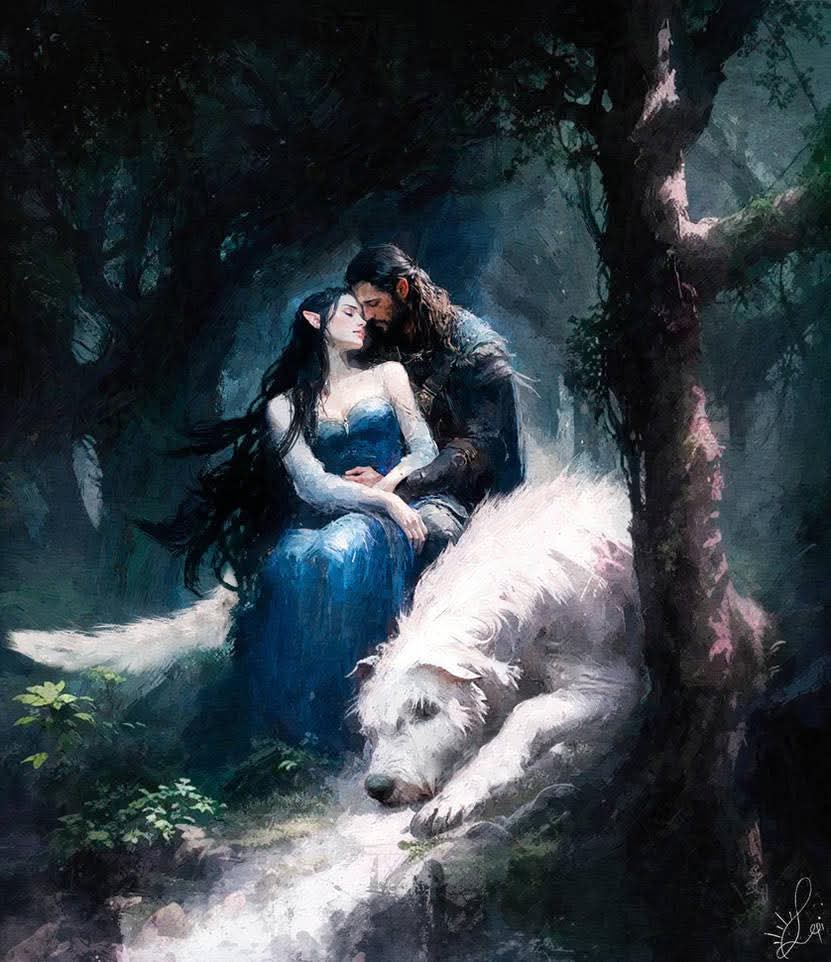_middleEarth's tweet photo. A MOMENT OF FLEETING PEACE - BEREN AND LÚTHIEN 

( art by Sepide- Donne ) https://t.co/ogejrchzBm