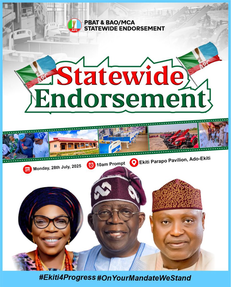 ProudlyEkitiBoi (@iloveayomoses) on Twitter photo From the hills of Ikogosi to the plains of Omuo, the chant is clear: “On Your Mandate We Shall Stand!”
The unstoppable trio - President <a href="/officialABAT/">Bola Ahmed Tinubu</a>, Gov <a href="/biodunaoyebanji/">Biodun Oyebanji</a> , and his deputy, Chf Afuye have earned the people’s backing. July 28th, history will be Made. From the hills of Ikogosi to the plains of Omuo, the chant is clear: “On Your Mandate We Shall Stand!”
The unstoppable trio - President <a href="/officialABAT/">Bola Ahmed Tinubu</a>, Gov <a href="/biodunaoyebanji/">Biodun Oyebanji</a> , and his deputy, Chf Afuye have earned the people’s backing. July 28th, history will be Made.