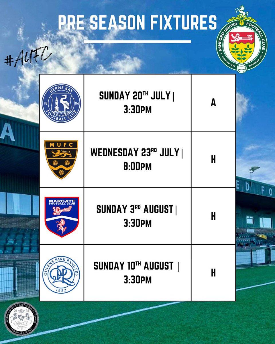 Our pre season fixtures:

🔵Herne Bay Development- 
Sunday 20th July | 15:30 | Away 

🟡Maidstone United Women- 
Wednesday 23rd August | 20:00 | Home

🔵Margate FC Women- 
Sunday 3rd August | 15:30 | Home

⚪️Queen Park Rangers Development- 
Sunday 10th August | 15:30 | Home