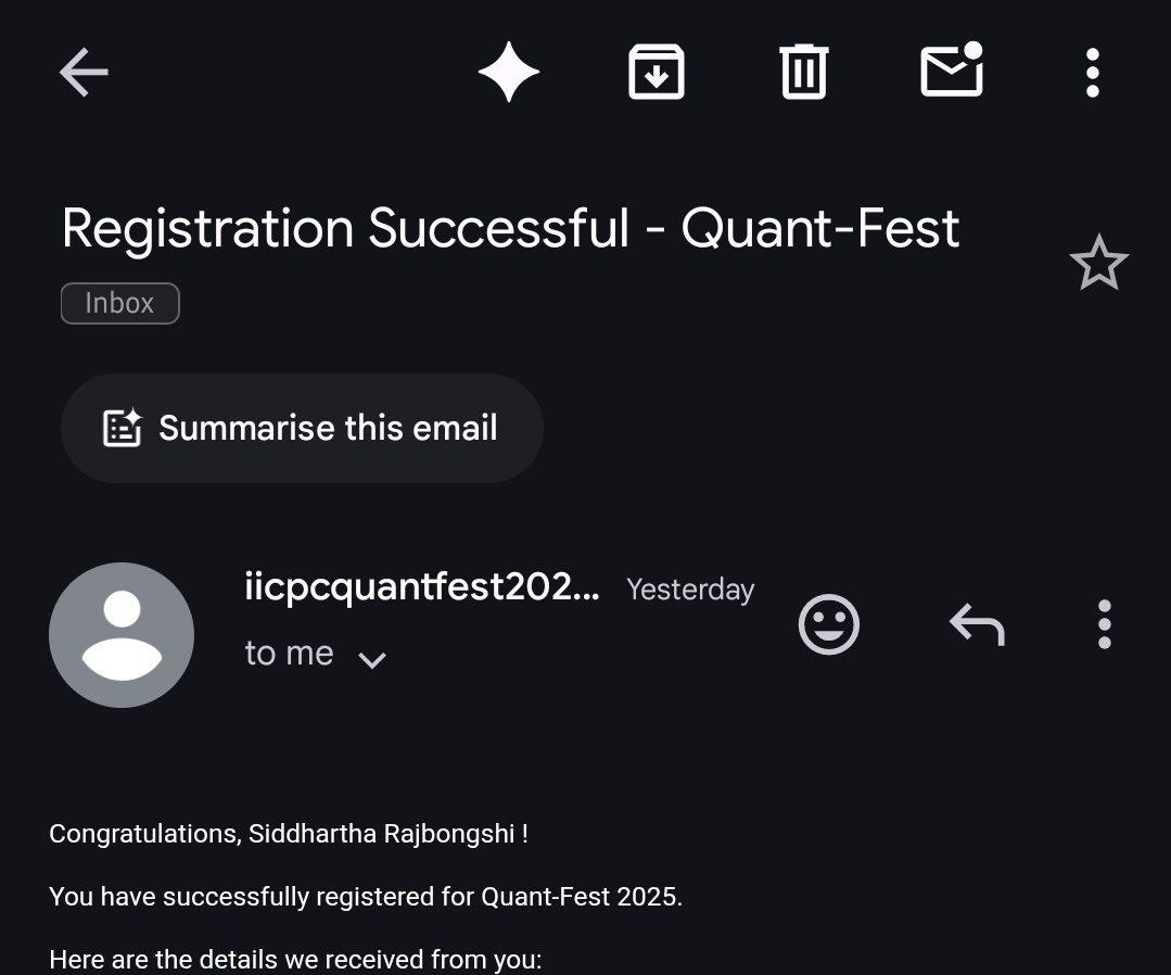 siddharthastwt's tweet image. Registered for the upcoming Quant-Fest 2025 by @iicpc
Let's goo! 🚀