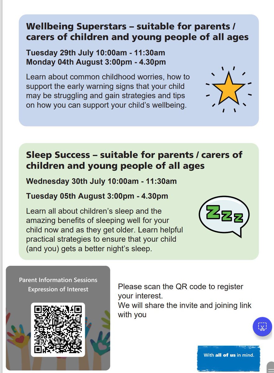 Future in Mind will be running virtual parent / carer sessions again this summer on Sleep Success and Wellbeing Superstars. Please see the attached leaflet which has all the information about the sessions and a QR code which you can scan to book on to the sessions ☺️
