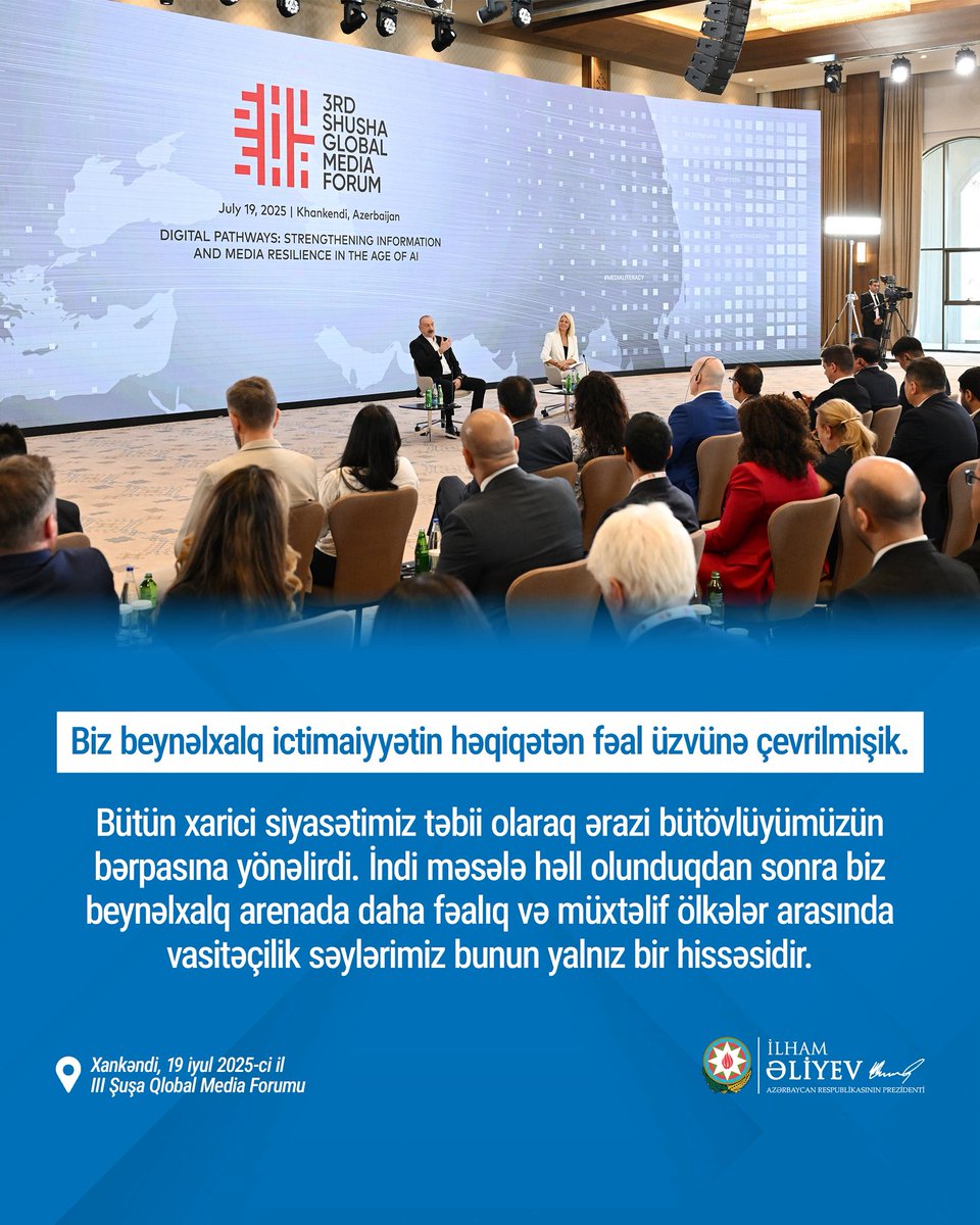 azpresident's tweet image. Prezident İlham Əliyev: “Biz beynəlxalq ictimaiyyətin həqiqətən fəal üzvünə çevrilmişik”.