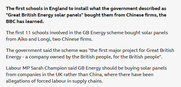 NeilDotObrien's tweet image. With a name like "Great British Energy" you'd think they were doing something cool like building a Thorium reactor, but they're just putting slave-made Chinese solar panels on a school roof, where they will generate bugger all energy when we need it (in the Great British Winter)