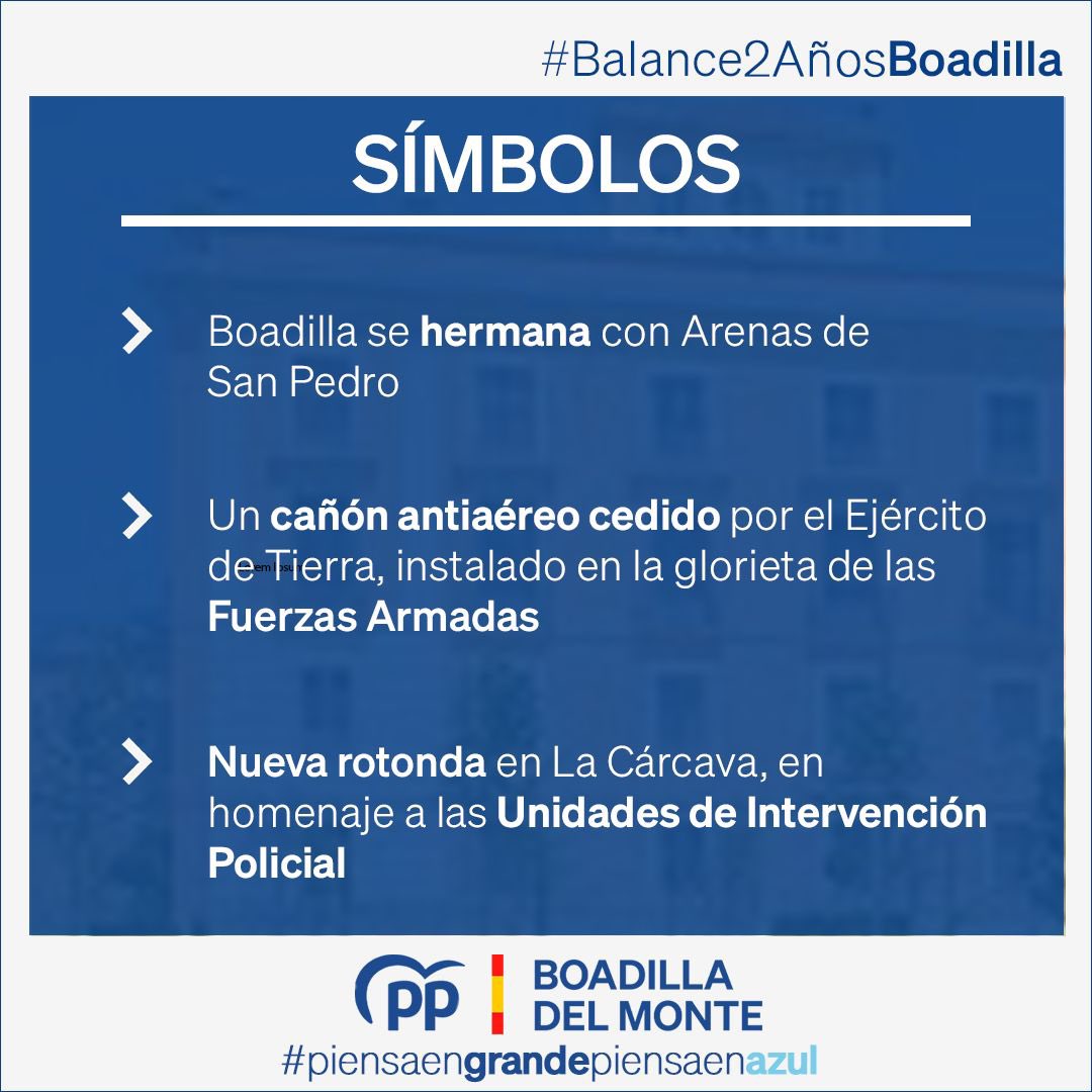 ✅ BALANCE SÍMBOLOS | #Balance2AñosBoadilla

Durante estos dos años, hemos reforzado los vínculos históricos, culturales y de reconocimiento institucional de nuestro municipio.