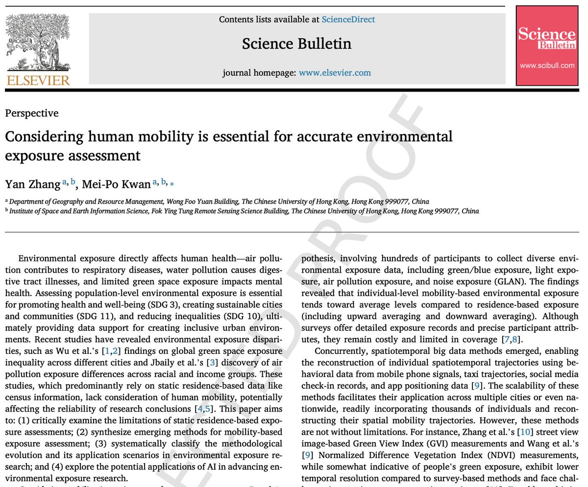 ZhangYan (@zhangyangiser) on Twitter photo New paper with <a href="/meipokwan/">Mei-Po Kwan</a> published at Science Bulletin(IF=21.1)!
📊 Framework: Challenges the assumption where you live = your environmental exposure.
🚀 Future Vision: AI simulate population mobility patterns while protecting privacy, enabling large-scale exposure assessment. New paper with <a href="/meipokwan/">Mei-Po Kwan</a> published at Science Bulletin(IF=21.1)!
📊 Framework: Challenges the assumption where you live = your environmental exposure.
🚀 Future Vision: AI simulate population mobility patterns while protecting privacy, enabling large-scale exposure assessment.