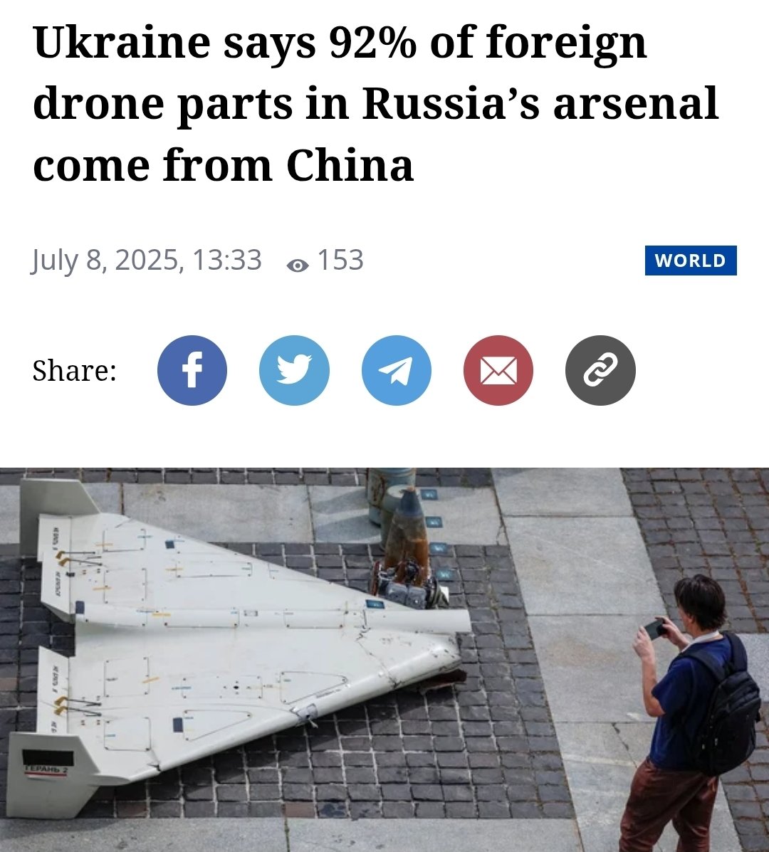 P_Kallioniemi's tweet image. According to President Zelenskyy and European officials cited by Bloomberg, China has ceased exporting drone components to Ukraine and is now directing its supplies primarily to Russia.
Chinese firms accounted for 92% of all foreign-sourced components in Russian attack drones.