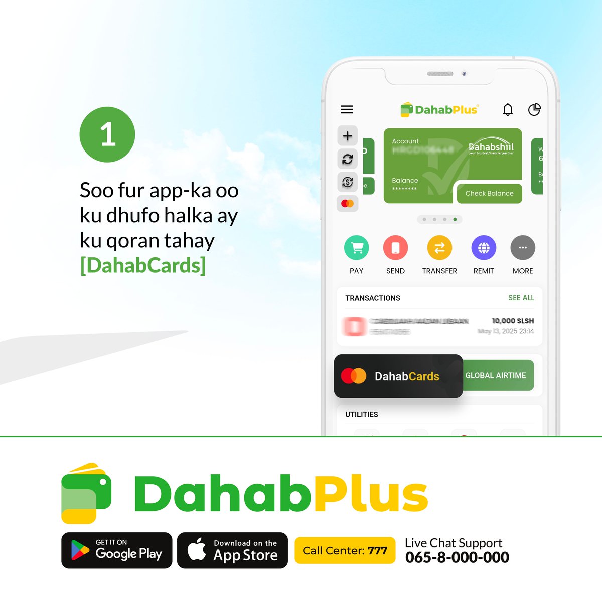DahabPlusApp's tweet image. Raac habkan si aad u furato Mastercard ka Digitalka ah ee DahabCard.

Sameyso in kabadan 5 MasterCard oo:
✅ Kaga dukaameyso dhammaan suuqyada caalamka 🛍️
✅ Ku iibso koorsooyinka online ka ah 📚
✅ Ku maamulo dakhligaaga si fudud 🌐 

𝙄𝙨𝙩𝙞𝙘𝙢𝙖𝙖𝙡 𝘿𝙖𝙝𝙖𝙗𝙋𝙡𝙪𝙨 𝙤𝙤…