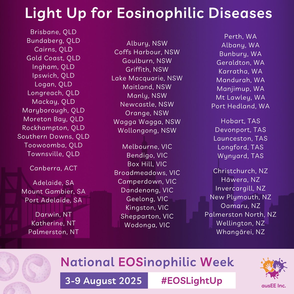 National Eosinophilic Week (NEOSW) is only 2 weeks away! 
View the list of 128 landmarks across Australia and NZ that will light up in pink and purple—the colours representing eosinophils—during #NEOSW2025 to show their support in our #EOSLightUp campaign: eosaware.com/LightUpLandmar…