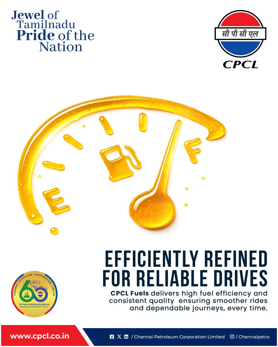 Every drop of CPCL fuel powers smoother, more reliable rides. With decades of refining excellence, we deliver high efficiency and consistent quality, so you can drive with confidence.

 cpcl.co.in

#CPCL #FuelEfficiency #SmoothRides #ChennaiPetroleum