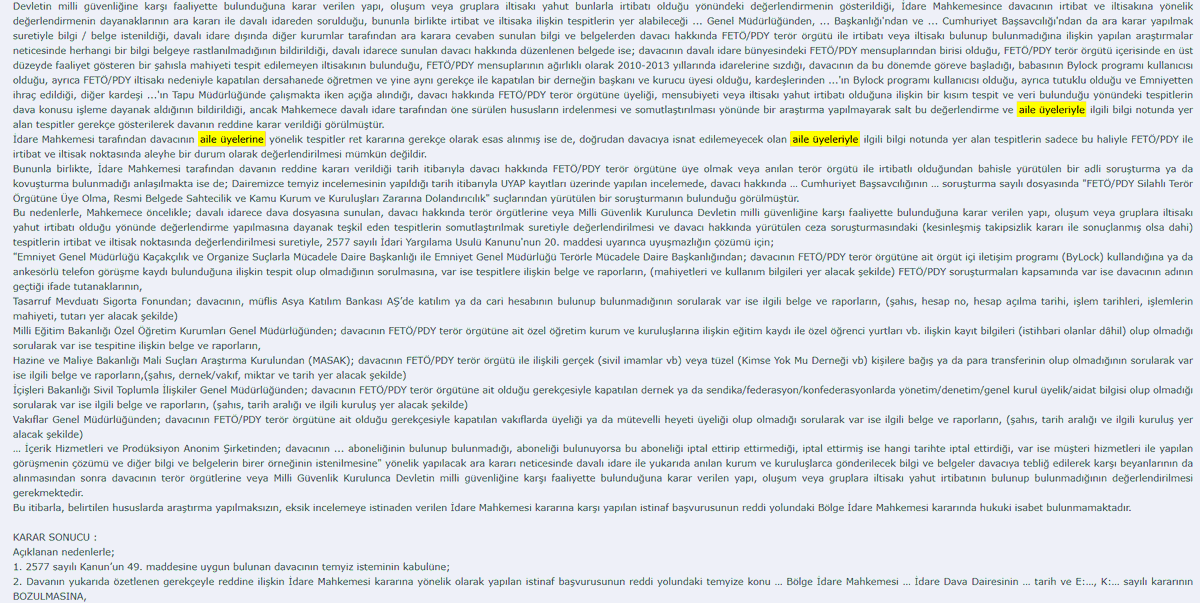 ⚖️Danıştay 5. Daire,

Davacının,
📌 FETÖ/PDY içinde en üst düzeyde faaliyet gösteren bir şahısla mahiyeti belirsiz iltisak içinde olduğu,,
📌Babası FETÖ/PDY iltisakı nedeniyle kapatılan bir dershanede öğretmenlik yaptığı ve bir derneğin başkanı ile kurucu üyesi olduğu,