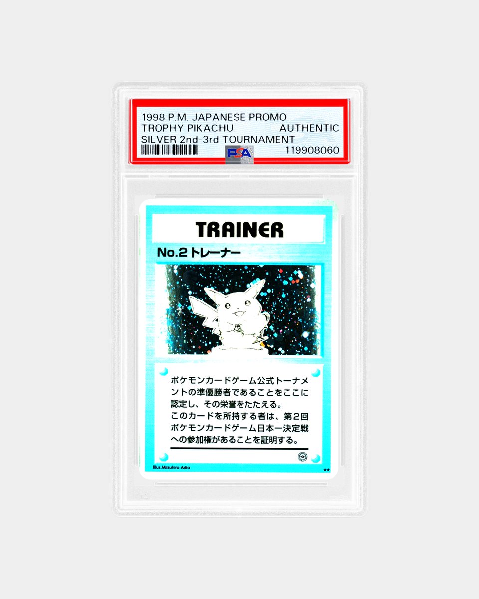 PSAcard's tweet image. This card may be severely faded, but it’s still a winner. Hailing from the third officially sanctioned Pokémon tournament series in Japan, this card was awarded to 2nd place winners of the Kamex Mega Battle. Like most early Pokémon prize cards, it features a victorious Pikachu…