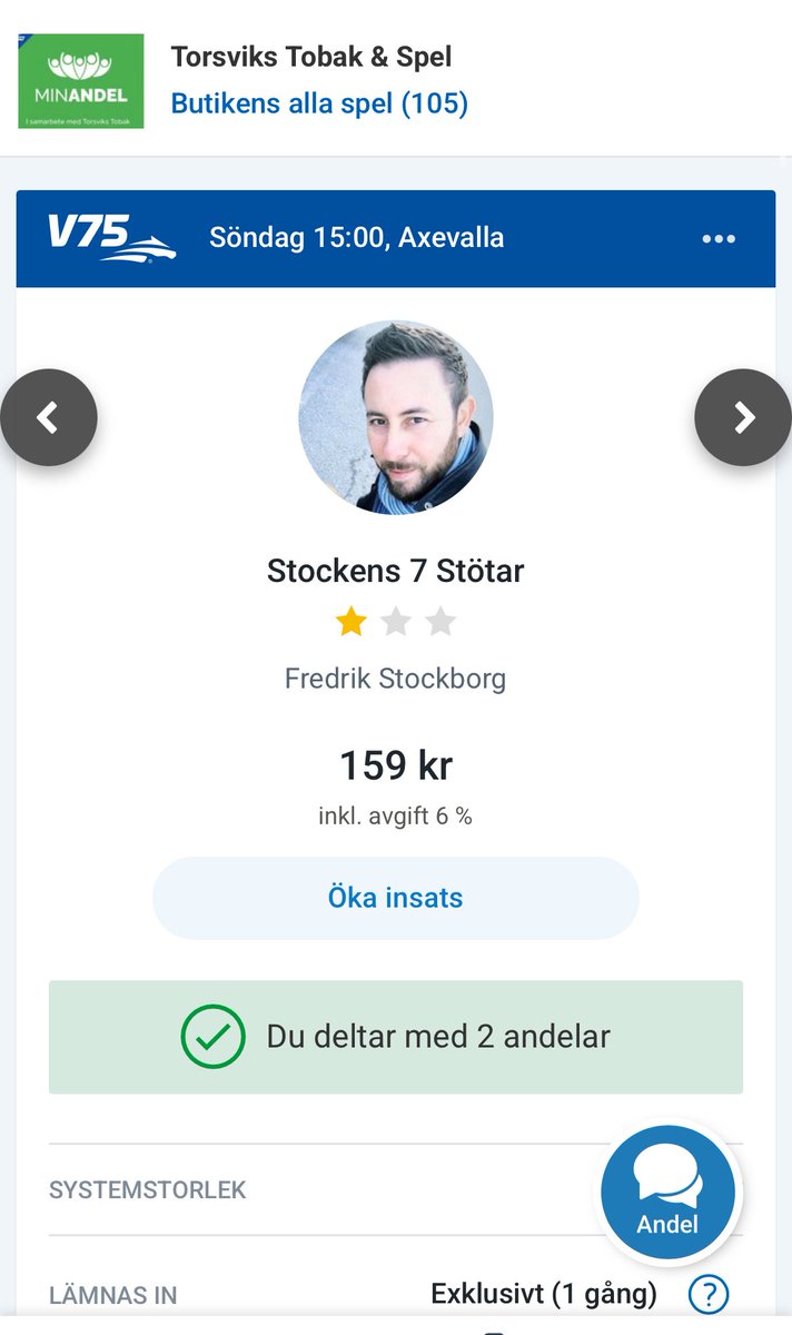 V75 igen från Axevalla! Tankarna var rätt igår men systembygget föll. Ny möjlighet idag och känslan är god för att sätta sjuan! Lappen öppen exklusivt. Häng gärna på! 🫶 

atg.se/torsvikstobak/…

#V75 <a href="/MinAndel/">MinAndel.se</a>