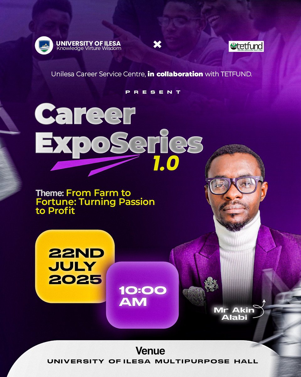 Dr Idayat Bakare (@mibakare) on Twitter photo π₯ UNILESA, ARE YOU READY?! π₯
This isnβt your regular seminar o β this is Career ExpoSeries 1.0 πΌποΈ
Theme: From Farm to Fortune β Turning Passion to Profit πΎβ‘οΈπ°
If youβve ever thought, βHow do I blow using my passion or talent?β β this event is your answer.
And guess what? π₯ UNILESA, ARE YOU READY?! π₯
This isnβt your regular seminar o β this is Career ExpoSeries 1.0 πΌποΈ
Theme: From Farm to Fortune β Turning Passion to Profit πΎβ‘οΈπ°
If youβve ever thought, βHow do I blow using my passion or talent?β β this event is your answer.
And guess what?