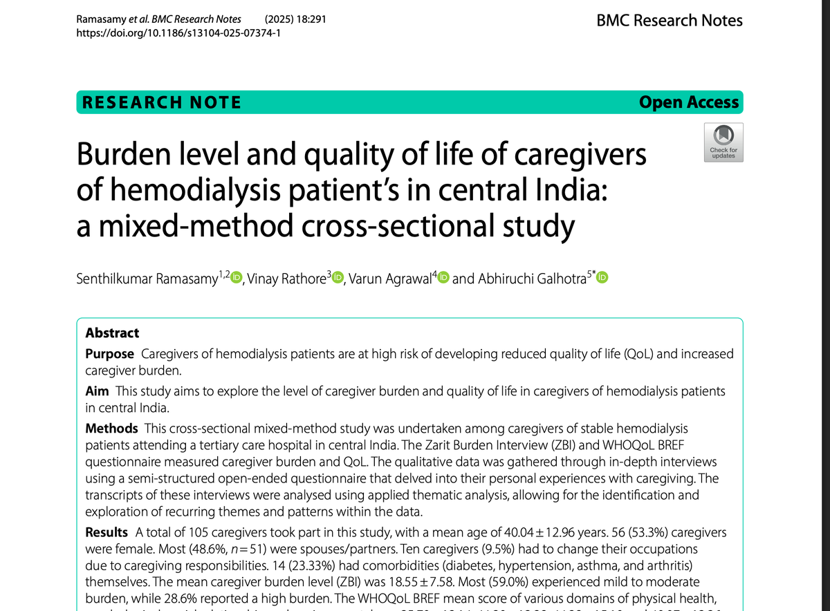 Relatives and Care Givers of Dialysis patient in Chhattisgarh have very high burden and poor quality of life and leads to loss of Job and Education. Support for caregivers is needed
<a href="/vjha126/">Vivekanand Jha | विवेकानन्द झा</a>
<a href="/AbhiruchiGalhot/">Abhiruchi Galhotra</a>
<a href="/isn_india/">Indian Society of Nephrology</a>
<a href="/ISNkidneycare/">Int Society of Nephrology</a>
<a href="/CGswasthya/">NHM Chhattisgarh</a>
<a href="/PriyankaJShukla/">Dr. Priyanka Shukla</a>