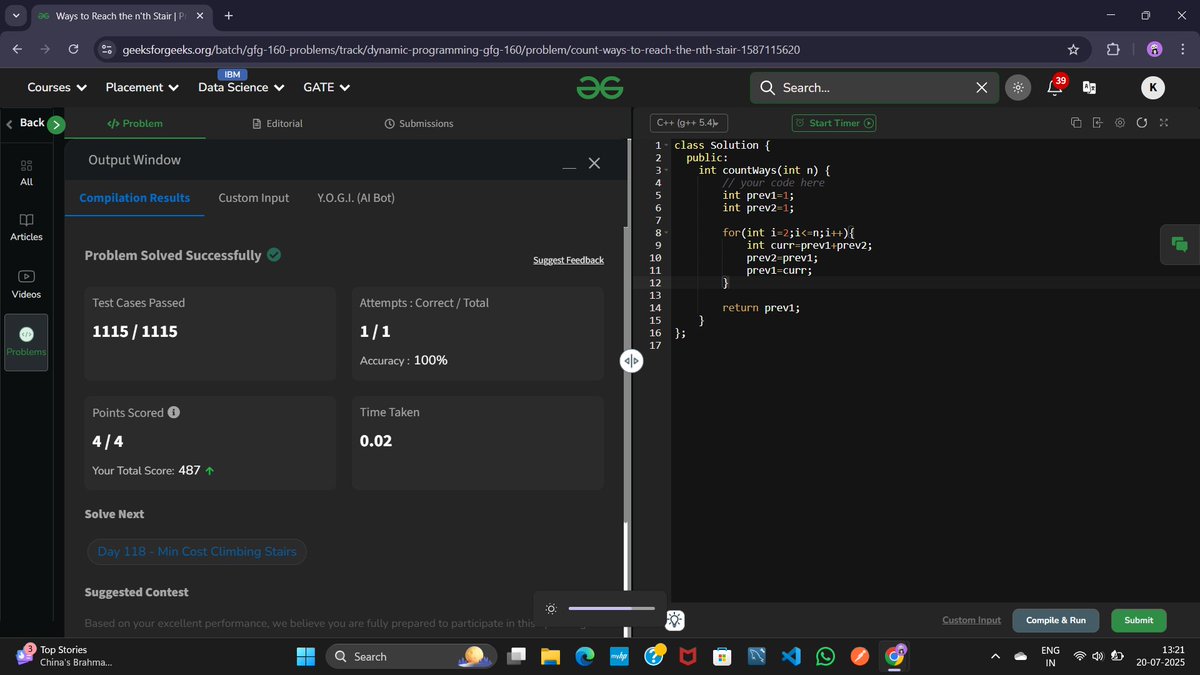 KrishnaBha35498's tweet image. GFG 160
Day 117-Ways to reach the nth stairs
GFG-117/160
#gfg160 #geekstreak2025 #geekforgeeks #letsconnect