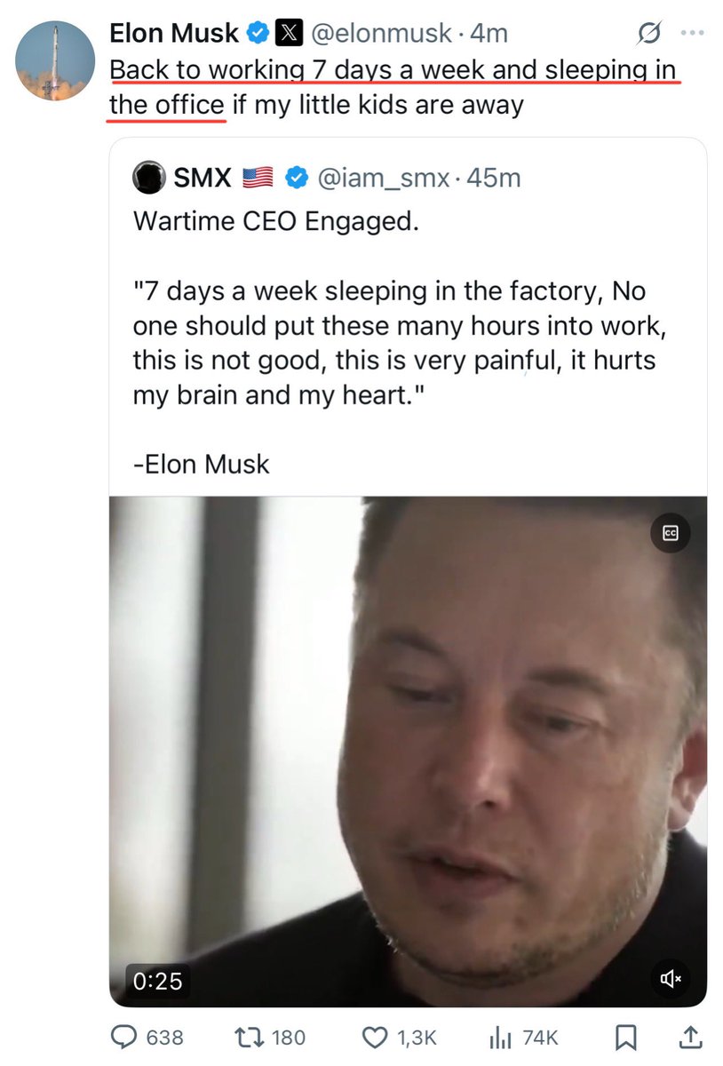 TCMesla's tweet image. BREAKING: Elon confirmed WARTIME CEO IS BACK with 7 working days per week and sleep in the office 🔥 Super bullish for $TSLA 🔥