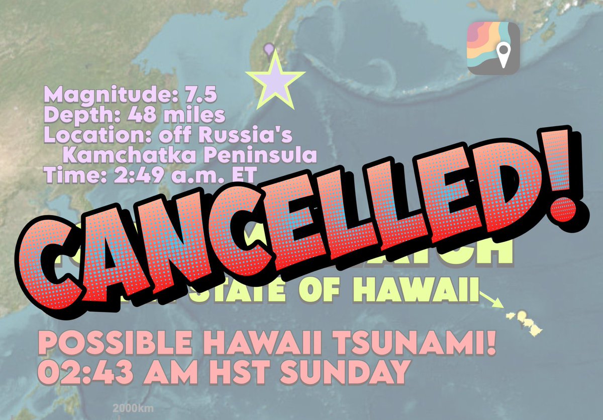 MyRadarWX's tweet image. There is NOT TSUNAMI THREAT in Hawaii! The watch has been dropped; updated modeling indicates no tsunami will impact the archipelago.