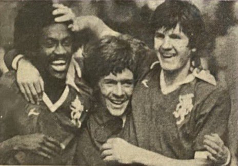 Trevor Lee celebrates his goal with Terry Brisley and John Seasman. Millwall 3-1 Brighton and Hove Albion. 16th April 1976. The Den, Cold Blow Lane, New Cross, London #Millwall