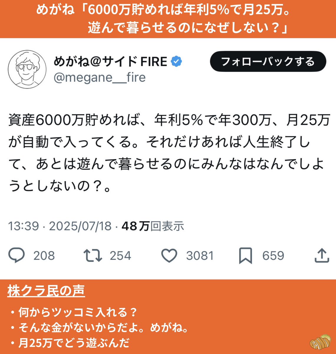 tonkatsu_index's tweet image. <今週の株クラ>
①DAIBOUCHOU「私は実感ないけどインフレで厳しい人もいるそう。対策不足だったかも」→炎上🔥
②たく「3700万あるけどガスwifi契約してない」
③めがね「6000万貯めれば年利5%で月25万。遊んで暮らせるのになぜしない」
④うどん屋「老後はFANGだけ積立しとけばなんとかなる気する」