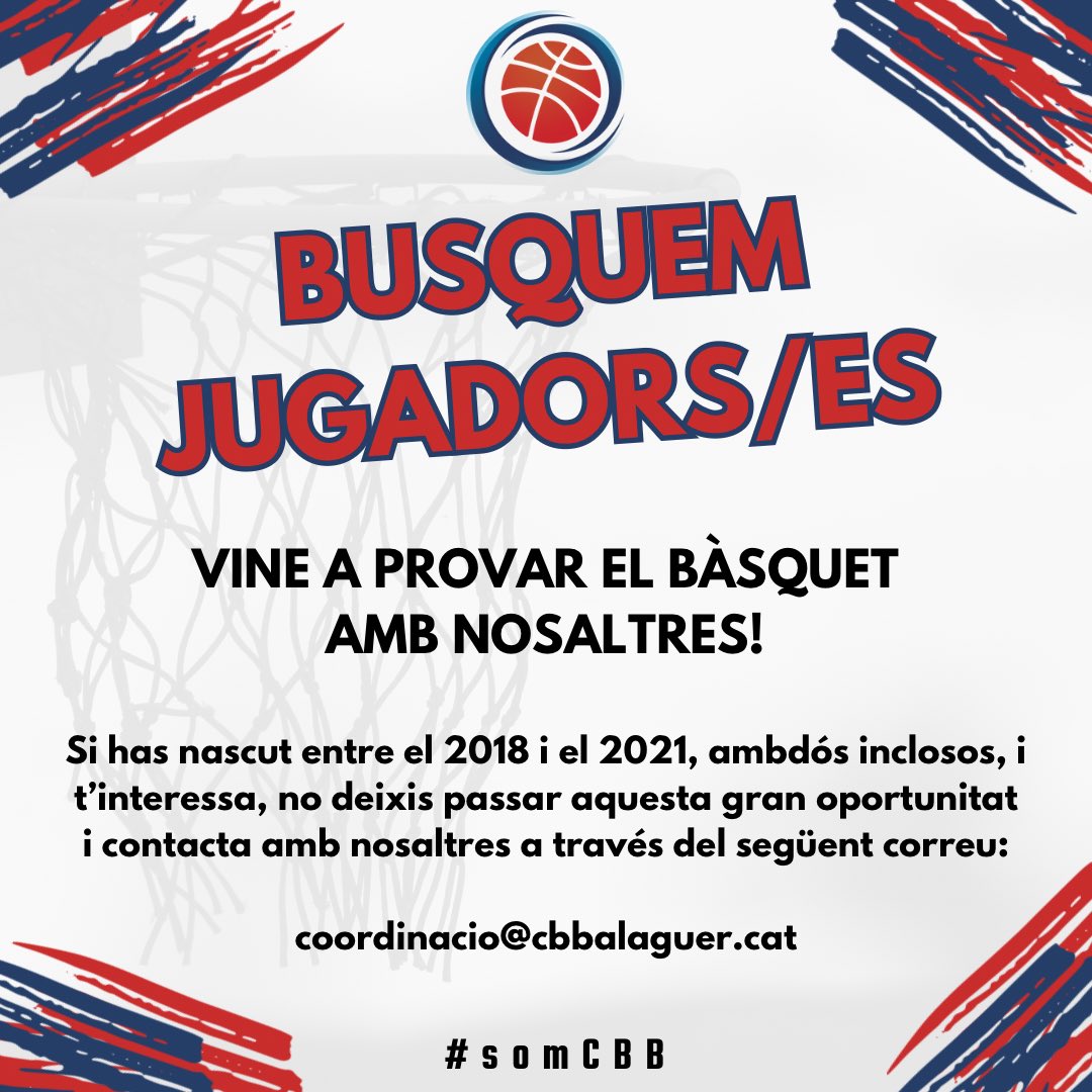 𝑩𝑼𝑺𝑸𝑼𝑬𝑴 𝑱𝑼𝑮𝑨𝑫𝑶𝑹𝑺/𝑬𝑺 🔴🔵

Si has nascut entre el 2018 i el 2021, ambdós inclosos, no deixis passar aquesta gran oportunitat i vine a provar el bàsquet amb nosaltres!

#somCBB