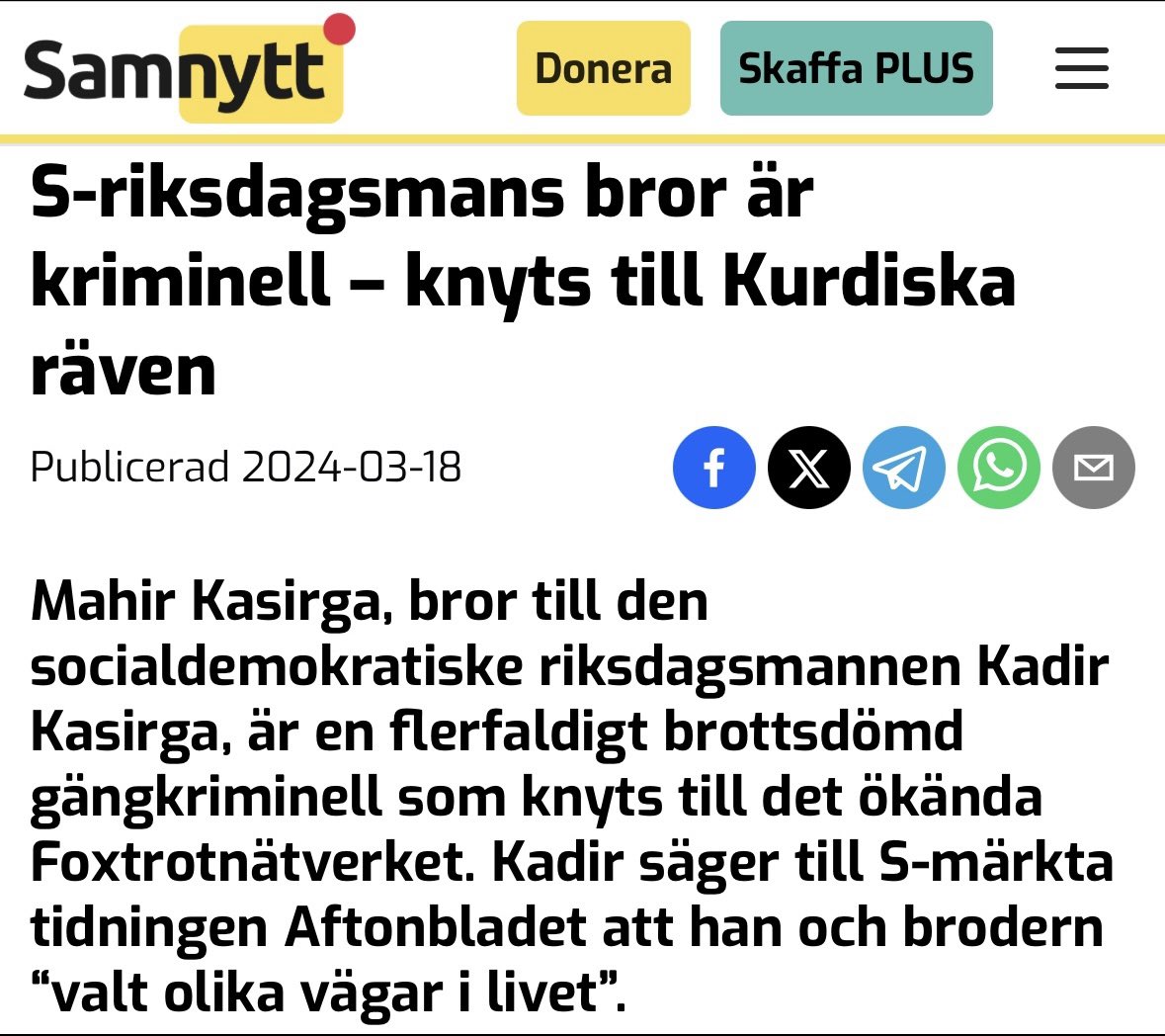 RichardJomshof's tweet image. Kurden Mahir Kasirga, bror till S-toppen tillika riksdagsledamoten Kadir Kasirga, är en flerfaldigt dömd brottsling med tydliga kopplingar till den gängkriminella världen.
Han är bland annat dömd för sabotage, rån (mot en postterminal i Göteborg), grovt narkotikabrott och grovt…