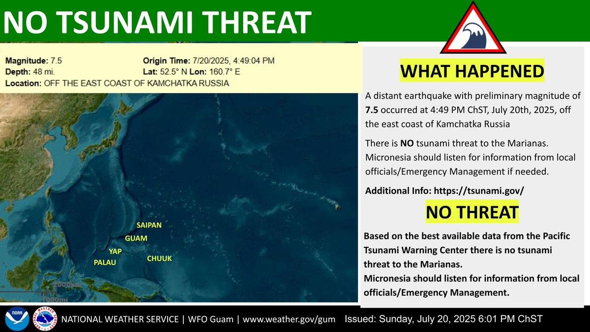 NWSGuam's tweet image. There is NO tsunami threat to the Marianas from distant earthquake east of Kamchatka, Russia. Those in Micronesia should listen for information from local officials. #GUWX