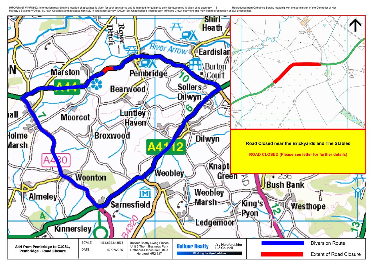 HfdsStreets's tweet image. ⛔ ROAD CLOSURE REMINDER

📍A44 from Pembridge to C1081, #Pembridge

 🗓️  21 July till 30 July 2025, the road will be closed between 19:00 - 06:00 each night

 🚧 Anti-skid resurfacing works

⬇️  Closure points and diversion route below.