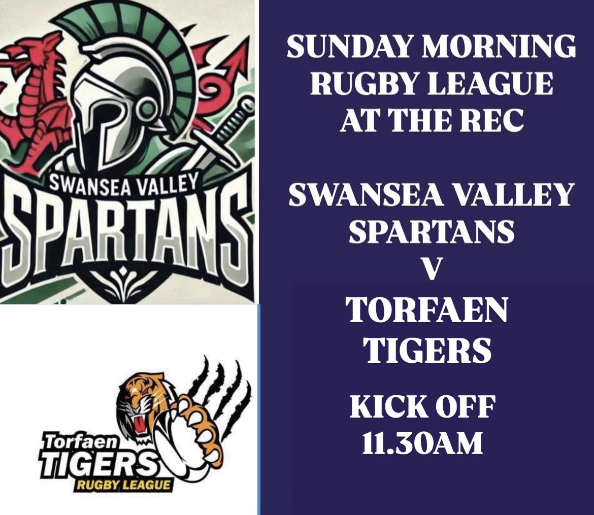 The Swansea Valley Spartans host Torfaen Tigers this morning at the Rec.

This rugby league encounter kicks off at 11.30am. Good luck to all involved.