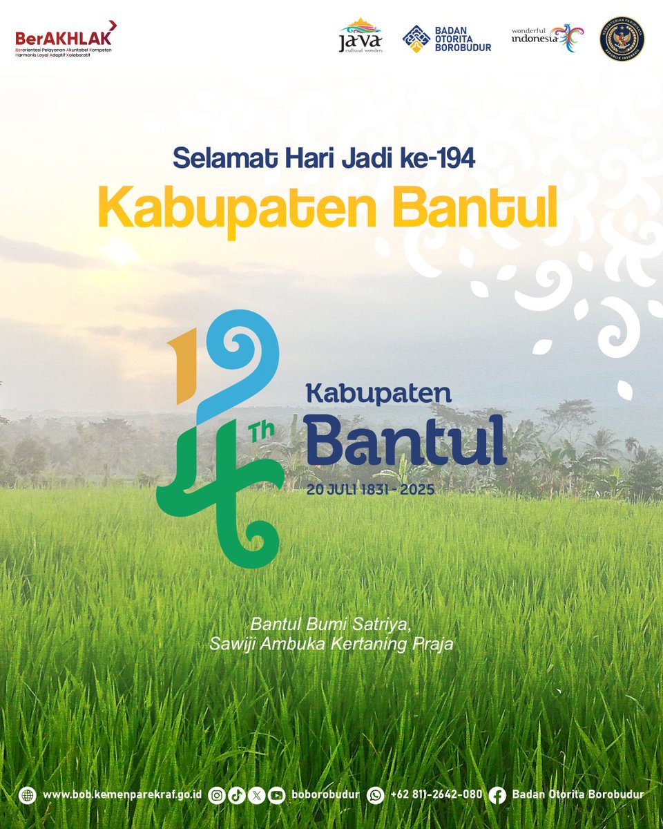 Selamat Hari Jadi ke-194 Kabupaten Bantul!

Dengan semangat “Bantul Bumi Satriya, Sawiji Ambuka Kertaning Praja”, mari kita bersatu padu membangun Bantul yang lebih maju, sejahtera, dan berbudaya.

#BOBorobudur
#PesonaIndonesia
#Wonderfulindonesia
#DiIndonesiaAja