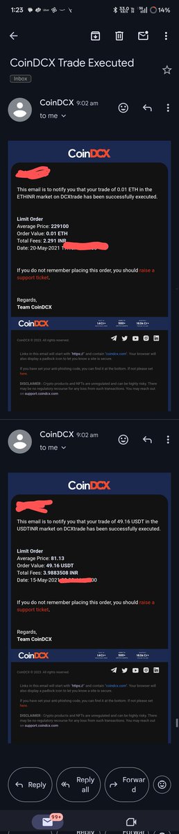 gokulnath_7's tweet photo. @zachxbt @smtgpt @CoinDCX Hey Zach, I had a previous encounter with these guys where they froze trading, while the market was crashing. I came to know the recent indicent after they mailed me. Now I'm getting some mails from these guys, which is about the past trades long back. https://t.co/hVch57Y9WS