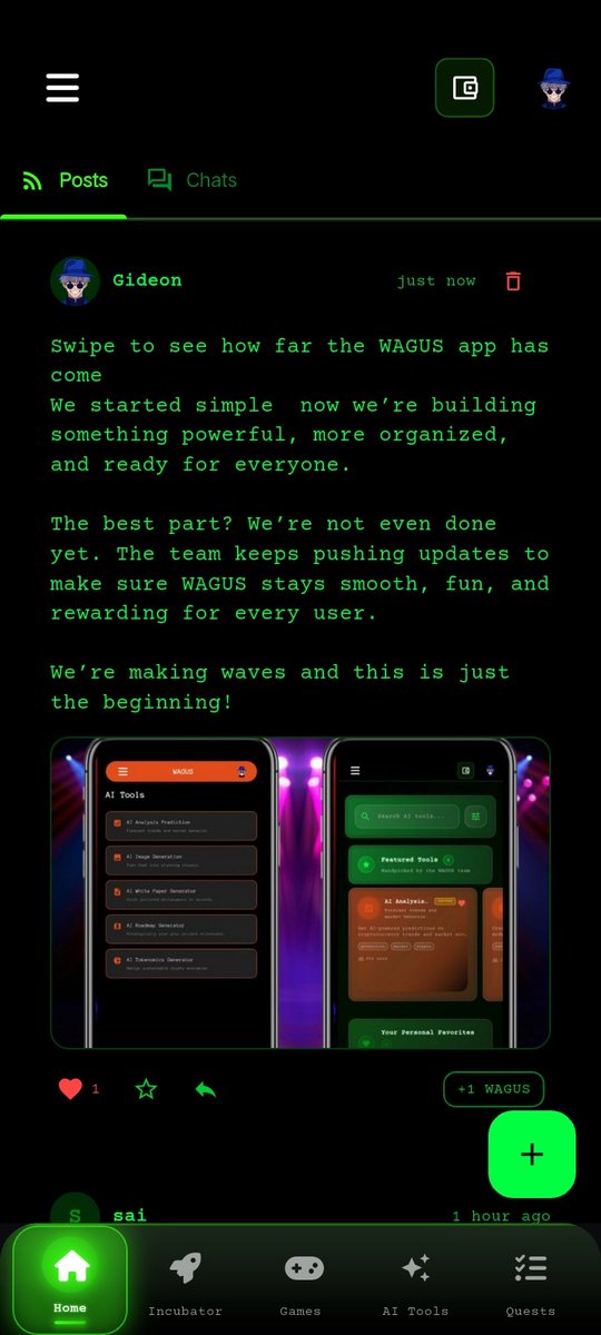 GM 
Swipe through and see how far the WAGUS app has come! We’re building a super app l multi-purpose, organized, and rewarding.

 Post. Engage. Earn.
Yes, you can actually earn by just posting and interacting.

Check it out and see why <a href="/WAGUS_APP/">WAGUS</a> is making waves