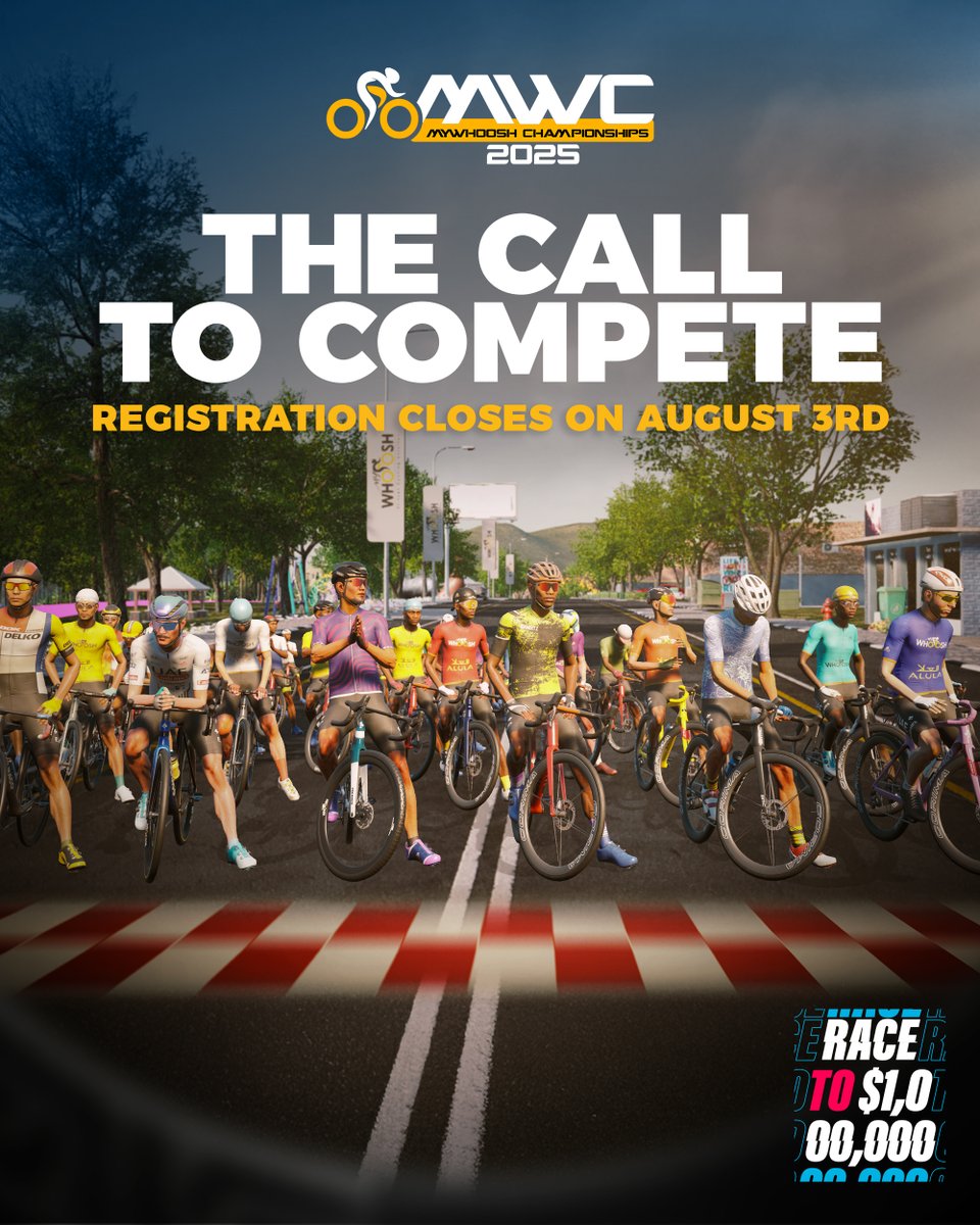 my_whoosh's tweet photo. Registration for the MyWhoosh Championships 2025 closes on August 3rd!
Secure your spot on the start line.

📲 Tap the link to register: https://t.co/W97JFBwJga

[MyWhoosh Championships, Esports Championships, MWC2025, Event Registration]

#MyWhoosh #MWC2025 #VirtualCycling #IndoorCycling #MyWhooshChampionships