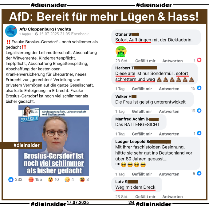 Die_Insider's tweet image. #AfD Cloppenburg / Vechta, bevor ihr meint, Frau Brosius-Gersdorf sollte ihre Kandidatur zurückziehen, da es angeblich keine Morddrohungen gegen sie gibt, solltet ihr da nicht erst einmal bei den Kommentaren eurer Anhänger schauen? #AfDVerbot #AfDLügt
#Solidarität #DieInsider