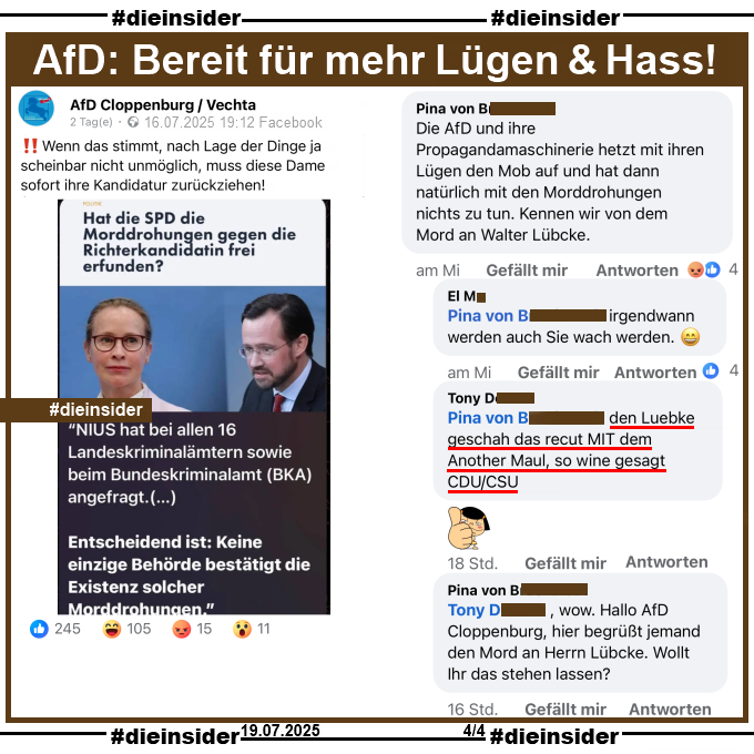 Die_Insider's tweet image. #AfD Cloppenburg / Vechta, bevor ihr meint, Frau Brosius-Gersdorf sollte ihre Kandidatur zurückziehen, da es angeblich keine Morddrohungen gegen sie gibt, solltet ihr da nicht erst einmal bei den Kommentaren eurer Anhänger schauen? #AfDVerbot #AfDLügt
#Solidarität #DieInsider