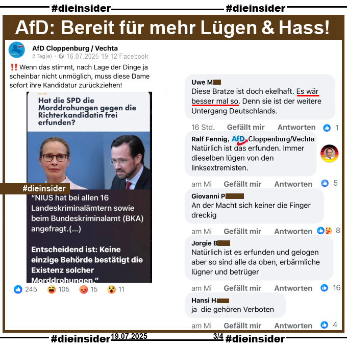 Die_Insider's tweet image. #AfD Cloppenburg / Vechta, bevor ihr meint, Frau Brosius-Gersdorf sollte ihre Kandidatur zurückziehen, da es angeblich keine Morddrohungen gegen sie gibt, solltet ihr da nicht erst einmal bei den Kommentaren eurer Anhänger schauen? #AfDVerbot #AfDLügt
#Solidarität #DieInsider