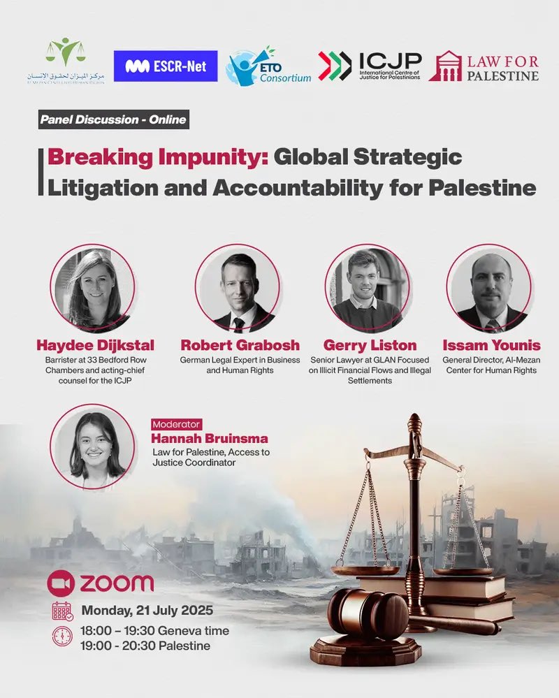 Law4Palestine's tweet image. Join us tomorrow (Monday) for a powerful discussion with leading experts on strategic litigation and legal cases filed across multiple countries to challenge impunity for crimes in Palestine 👇🏼
انضموا لنا غدا (الاثنين) في جلسة حوارية مع نخبة من الخبراء لمناقشة التقاضي الاستراتيجي…