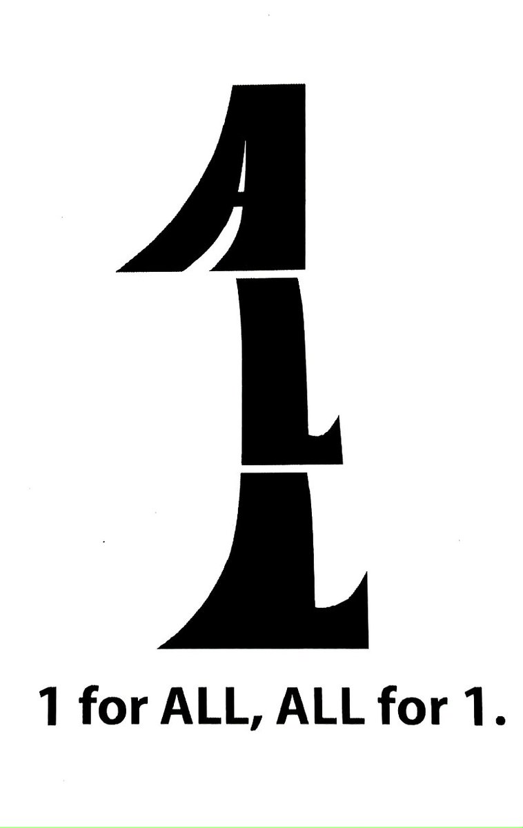 tomorroad's tweet image. 【毎日ことばあそ日】111日目
111日目なので1に関する作品を。
1 for ALL, ALL for 1.
まあ「ALL」で「1」を書いたってだけなんですが、政治と国民の関係もこうありたいものです。選挙、行こう!
