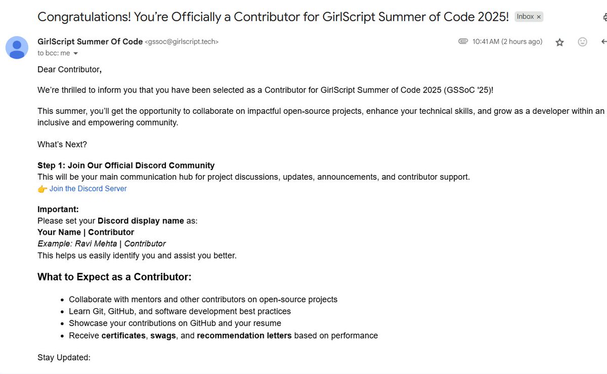shbhmX0's tweet photo. Just got selected as a Contributor for #GSSoC25! 🎉Excited to dive into open-source, collaborate with amazing folks, and level up my dev journey 📷

#OpenSource #DeveloperJourney #TechTwitter #GirlScript https://t.co/HsfuPZ64N4