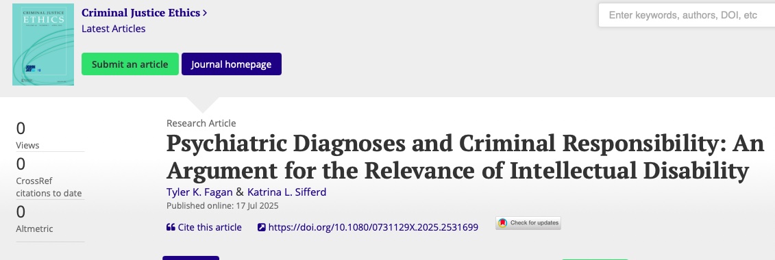 Another great output from the TIPPS project: new paper by our Co-I Katrina Sifferd: Psychiatric Diagnoses and Criminal Responsibility: An Argument for the Relevance of Intellectual Disability 👉 doi.org/10.1080/073112…