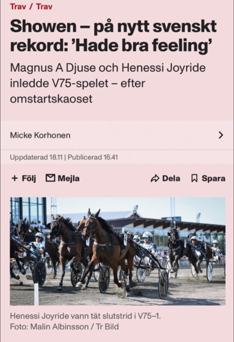 StallHenessi's tweet photo. Fantastiska Henessi Joyride vann V75-1 igår på Solvalla. Och hon gjorde det på bästa sätt med ett nytt svenskt rekord! Grattis till kretsen kring hästen 🥇🥂. #henessi https://t.co/DGDMh6hDe2