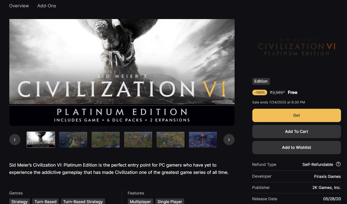 DharmaBoring's tweet image. PSA: Civilization VI with all DLCs is free on Epic Store.