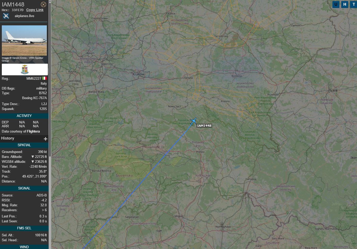 PolishMilRadar's tweet photo. 📅20.07⌚️10:14LT
Z bazy lotniczej Pratica di Mare #LIRE 🇮🇹 do Rzeszowa Jasionki #EPRZ 🇵🇱 zniża ✈️#IAM1448 Boeing KC-767A "MM62227" Włoskich Sił Powietrznych 🇮🇹
🔗https://t.co/I6g0vsU7UO
#POLMILRADAR https://t.co/eTyhxUdwkg