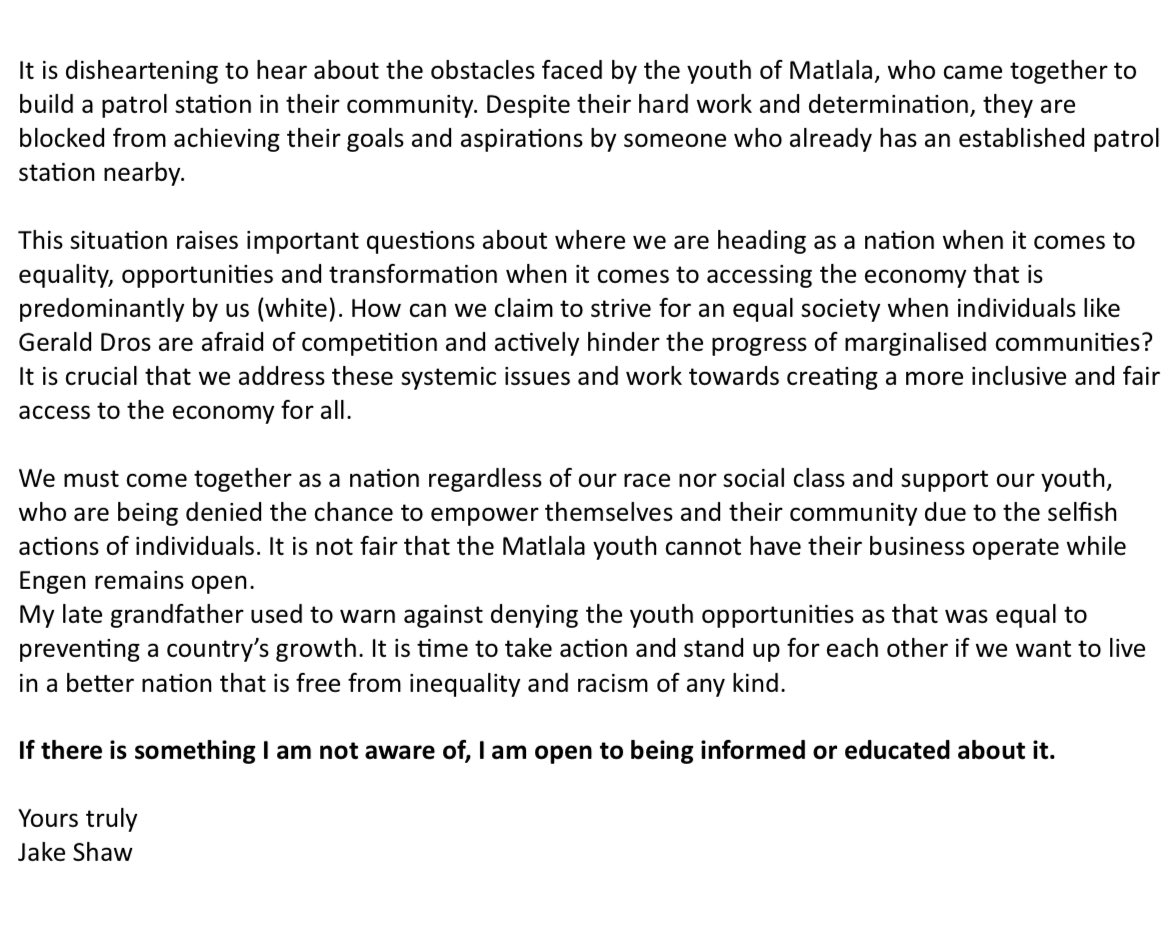 Jake_Shaw2's tweet image. To those who have informed me about the Matlala Youth, thank you.
I’ll never support any form of discrimination. My upbringing taught me to stand up against injustices towards others rather than just being a bystander
#HandsOffMatlalaYouth #StopEconomicApartheid
#EngenMustAnswer