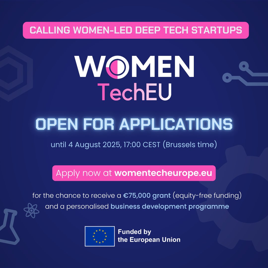 EBAN_org's tweet image. ⏰ Reminder: FINAL Women TechEU Open Call!
✅ €75K grant
✅ 6-month growth programme
✅ Training, mentoring, EU-wide network
📅 Deadline: 4 Aug 2025, 17:00 CEST
📍 For startups in Europe & Horizon Europe countries
👉 Apply: womentecheurope.eu/upcoming-calls…