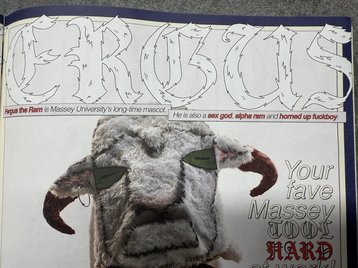 pennymarienz's tweet photo. Fergus, Massey University mascot which states “He is also a sex god, alpha ram and horned up f%#kboy” https://t.co/dGvOaJO13j