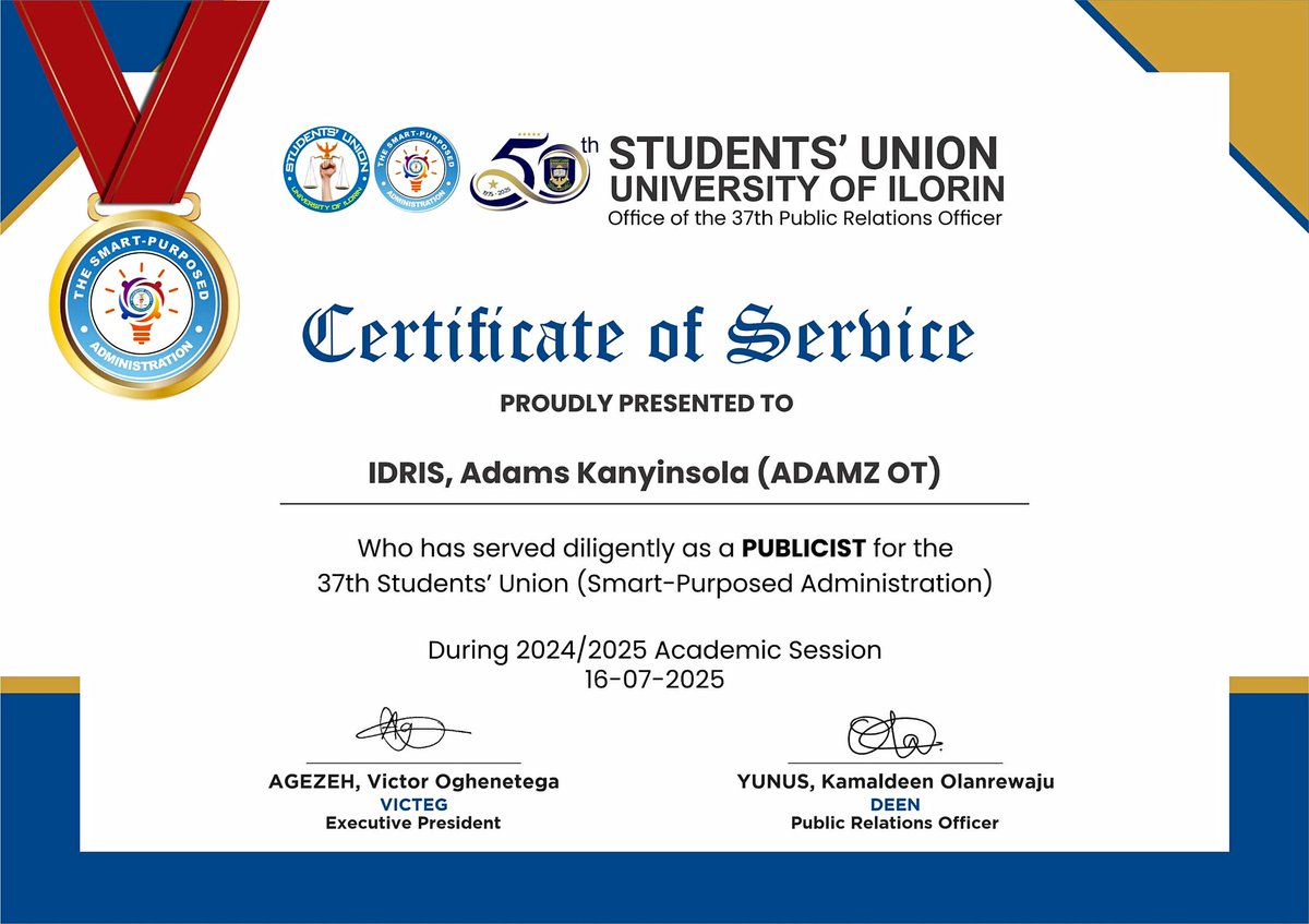 Adamz_OT's tweet image. Happy Sunday 💛
Grateful to have served as a publicist under the "Smart Admin' ".
Now stepping into a new role under the New Dawn Admin' continuing as a publicist and now PRO of the great Fact' of Engr (@unilorin_nuesa).
Thank you @Deen_PR, @TheAdamMozeed let’s do more.